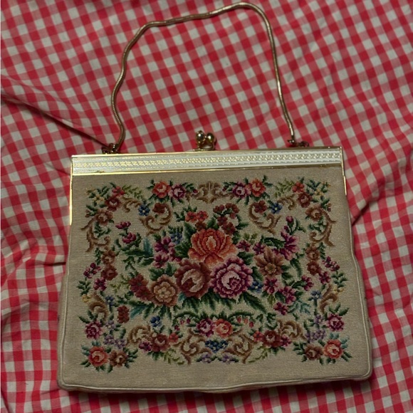 Original VTG 1950s Tapestry Handbag with ORIG Hand Mirror - Picture 2 of 13